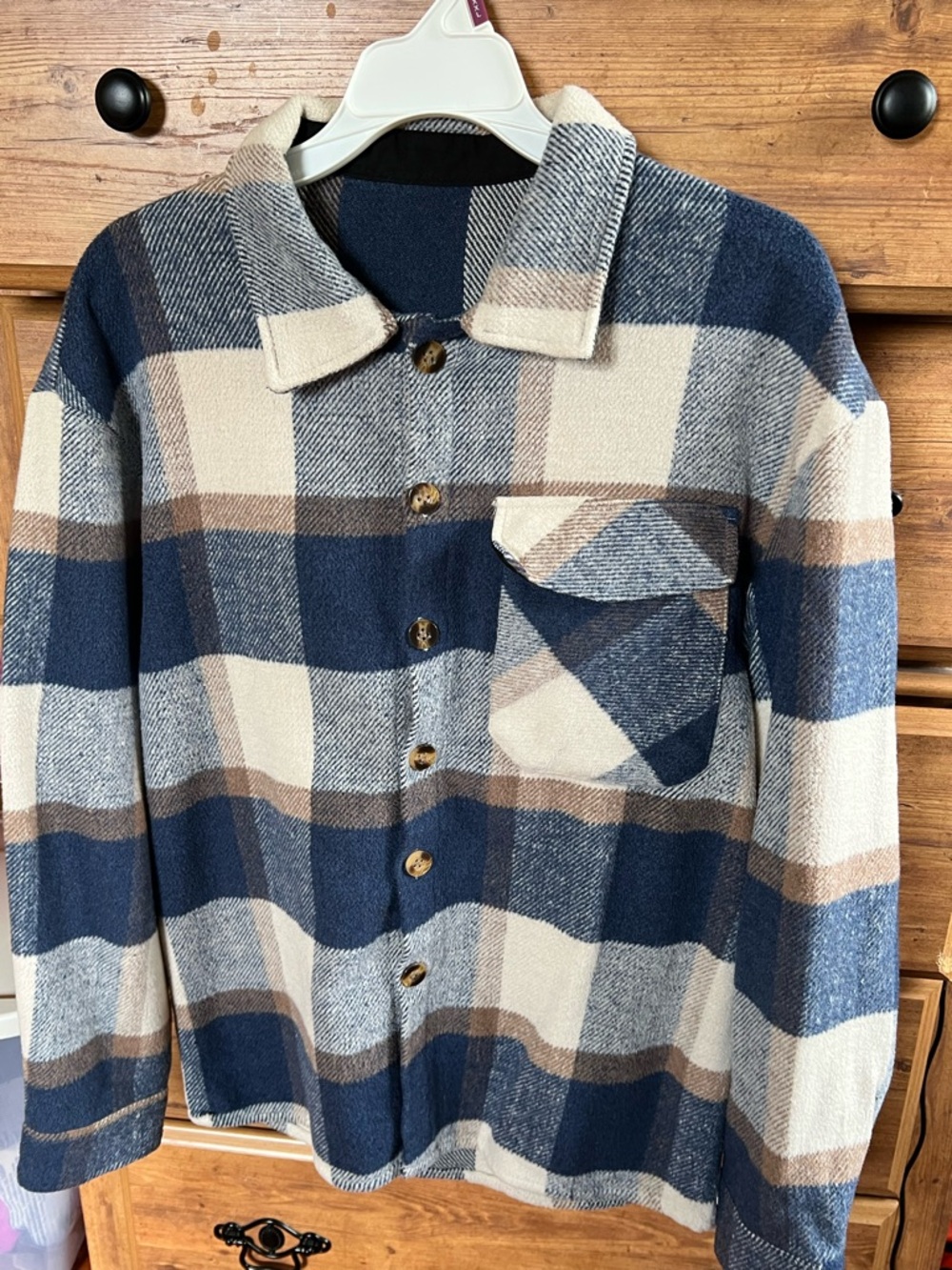 SHEIN Navy, Cream & Brown Plaid Shacket